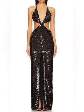 NBD Black Sequin Backless Cutout Gown